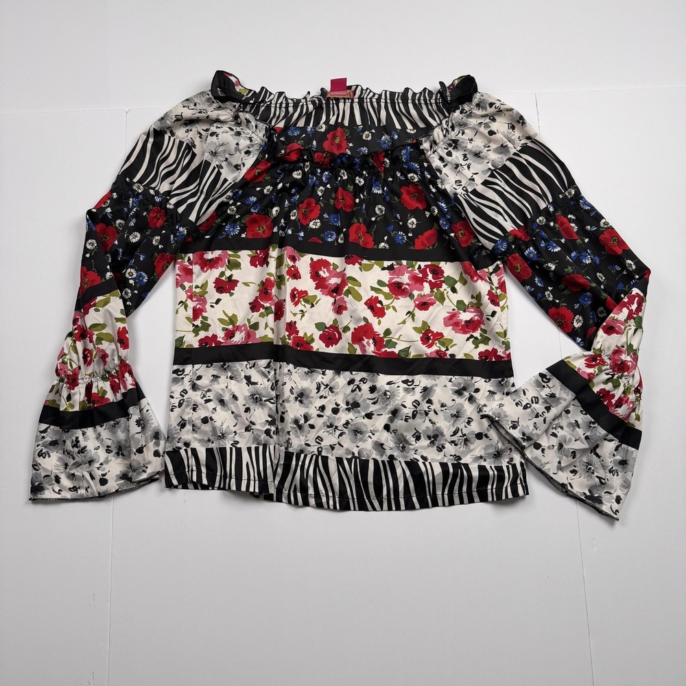 Sunny Leigh Shirt Womens Medium Multicolor Floral Zebra Print Bell Sleeve